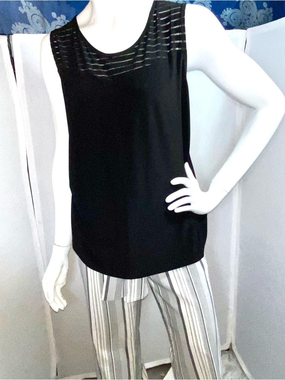 Women's Black Sleeveless Tank with Sheer Stripe Yoke Detail